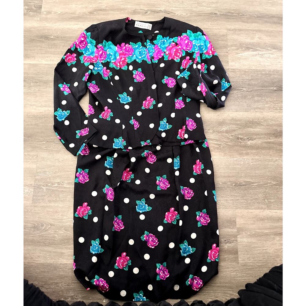 Adrianna Papell  Vintage 100% Silk Two Piece Skirt Jacket Floral Black Size 12